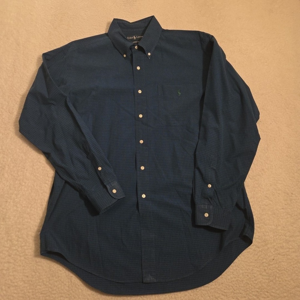 Vintage Ralph Lauren Shirt Mens‎ Large Micro Check Long Sleeve Button Down Blue